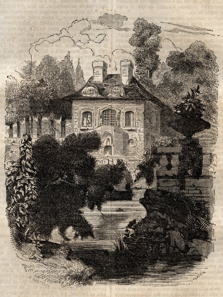 Rousseauova rezidence na ostrově Saint-Pierre (St. Petersinsel) Bern - Švýcarsko - Ilustrace pro "" Vyznání" od Jean-Jacquese (Jean Jacques) Rousseau (1712-1778) - rytina z roku 1849 od Unknown artist