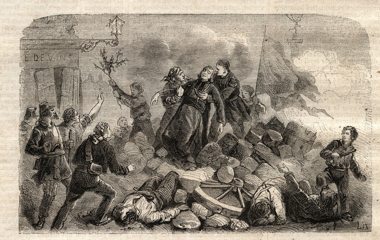 Revoluce 1848: „“ Archeveque Monsignor Denis Affre (1793-1848) na barikádě Faubourg Saint Antoine v Paříži 26. června 1848 (Do o mon dieu que mon sang be le dernier verse) (Smrt Denis Affre, arcibiskup Paříže barikáda u vjezdu do t od Unknown artist