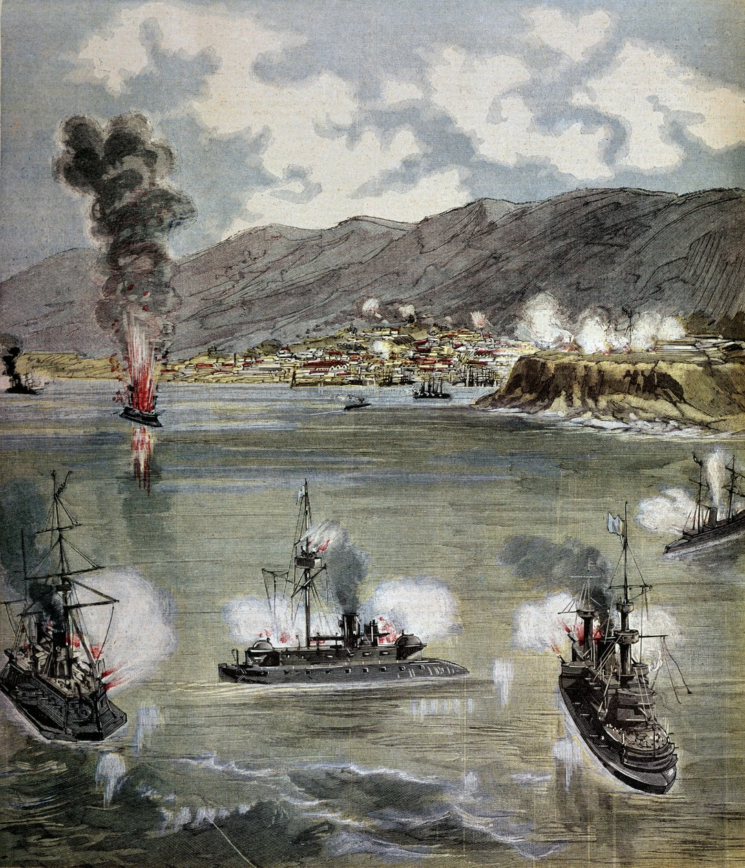 Revoluce v Chile: útok na Valparaiso v roce 1891. Ilustrace převzata z „“ Supplement illustrates du Pepetit journal“““ 1891. Paris, B.N. od Unknown artist