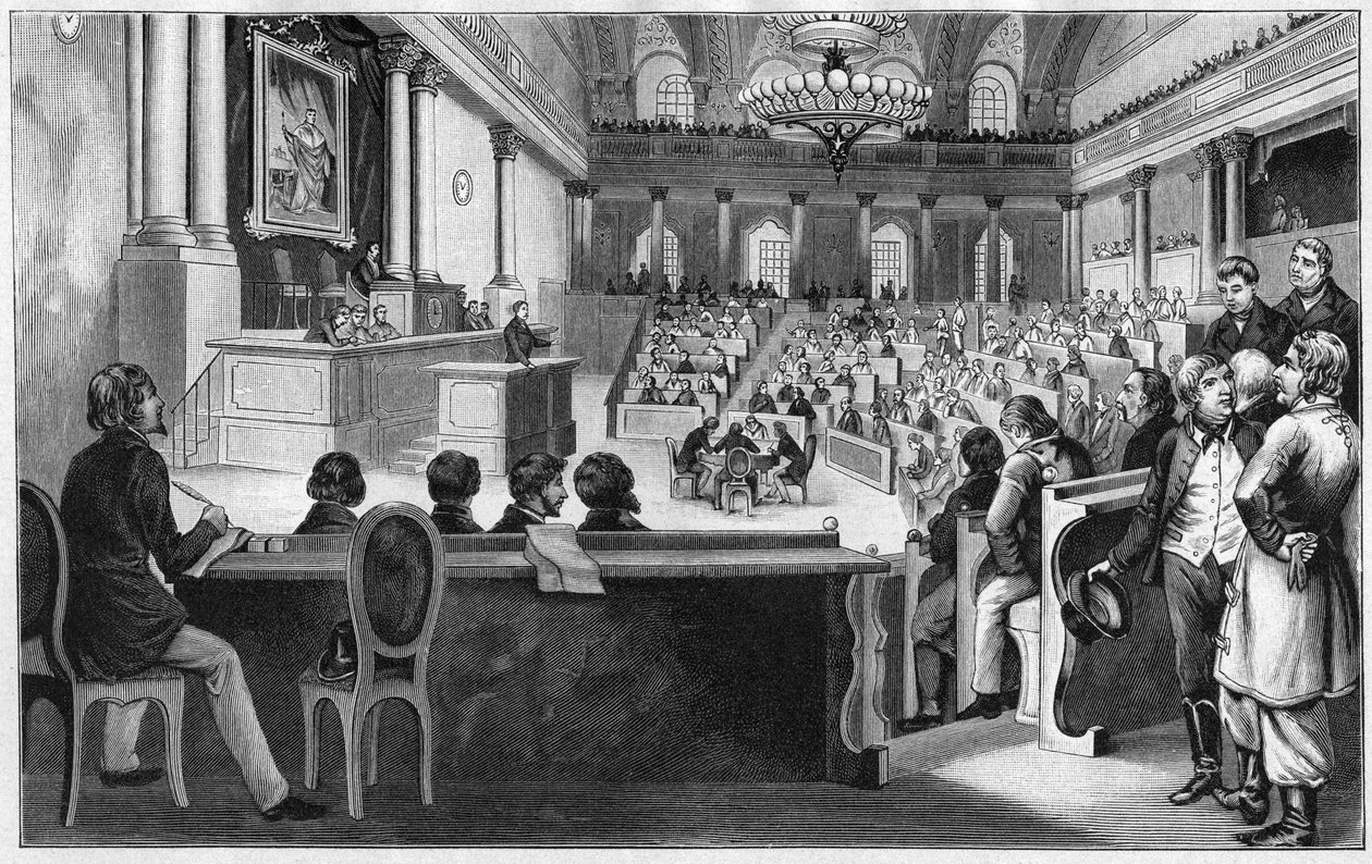 Revoluce ve Vídni 1848 – Zasedání prvního rakouského ústavodárného shromáždění (Reichs Versammlung), červenec 1848, ve Španělské jezdecké škole ve Vídni v Rakousku. od Unknown artist