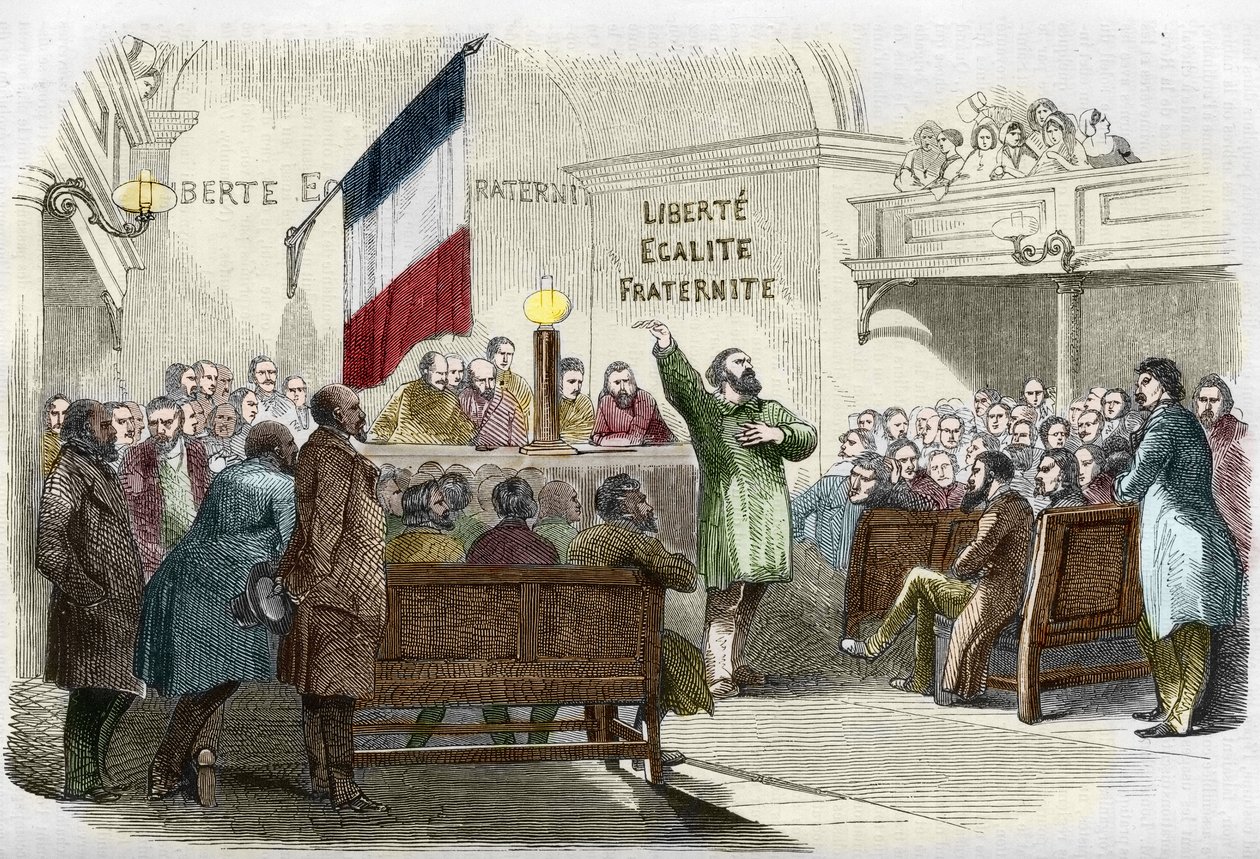 Revoluce 1848: Republikánský klub schůze v Paříži v roce 1848. Na zdi je napsáno republikánské heslo „svoboda, rovnost, bratrství“. (Setkání v republikánském klubu). Rytina 19. století. od Unknown artist
