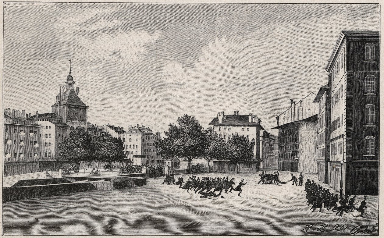 Ženevská revoluce od 7. do 8. října 1846 (fazyst revoluce): obrana St Gervais 7. října 1846 - Pohled na Place de Bel Air a Ponts-de-l