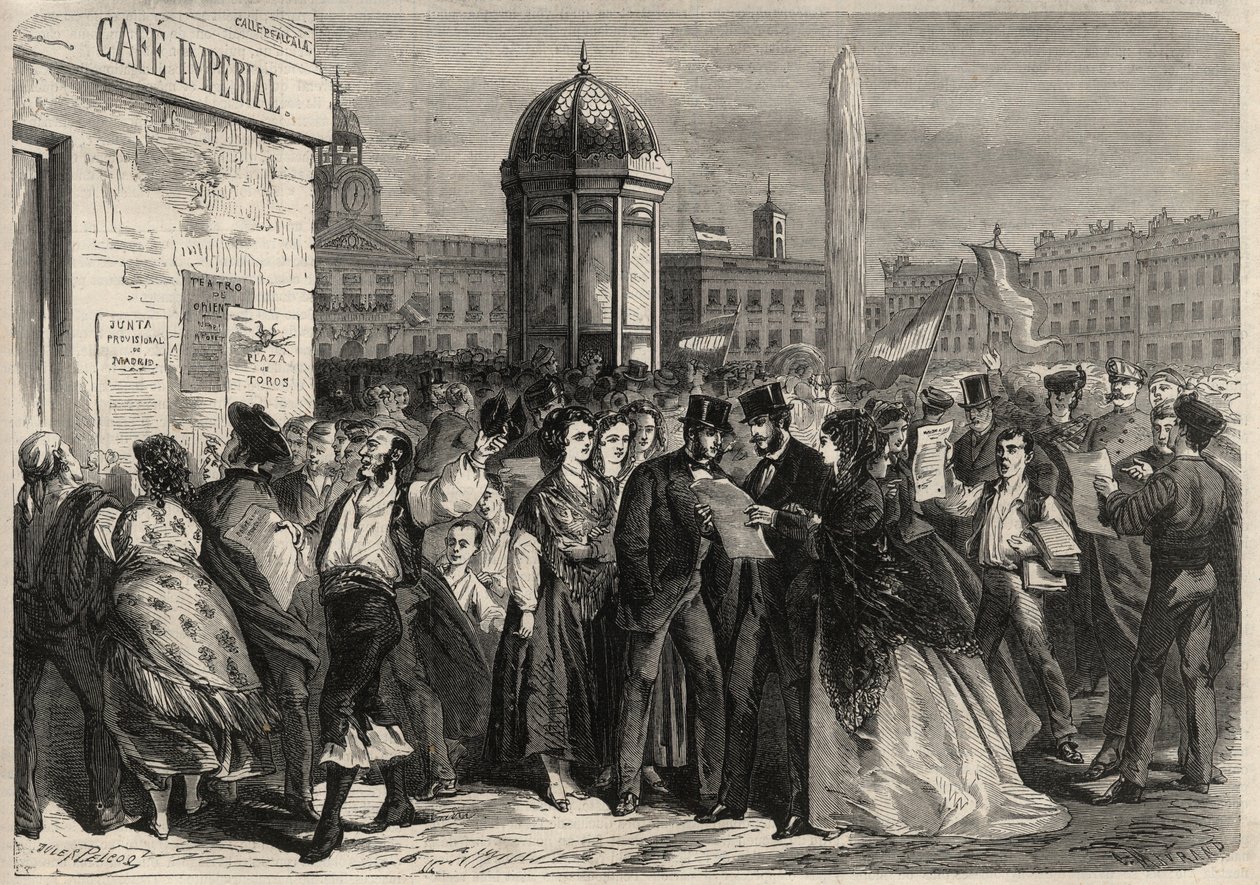 Revoluce září 1868 ve Španělsku (Gloriosa): čtení manifestu junty na ulici Alcala v Madridu. Gravírování v „“L