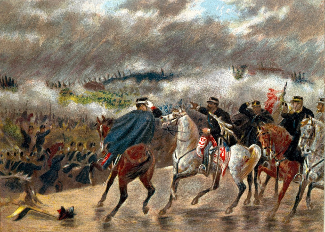 Risorgimento - Italské tažení (1859): Victor Emmanuel II (Vittorio Emanuele II) (Victor-Emmanuel) (1820-1878) během bitvy u San Martina vedl 24. června 1859 piemontské jednotky proti rakouské armádě. Soukromá sbírka od Unknown artist