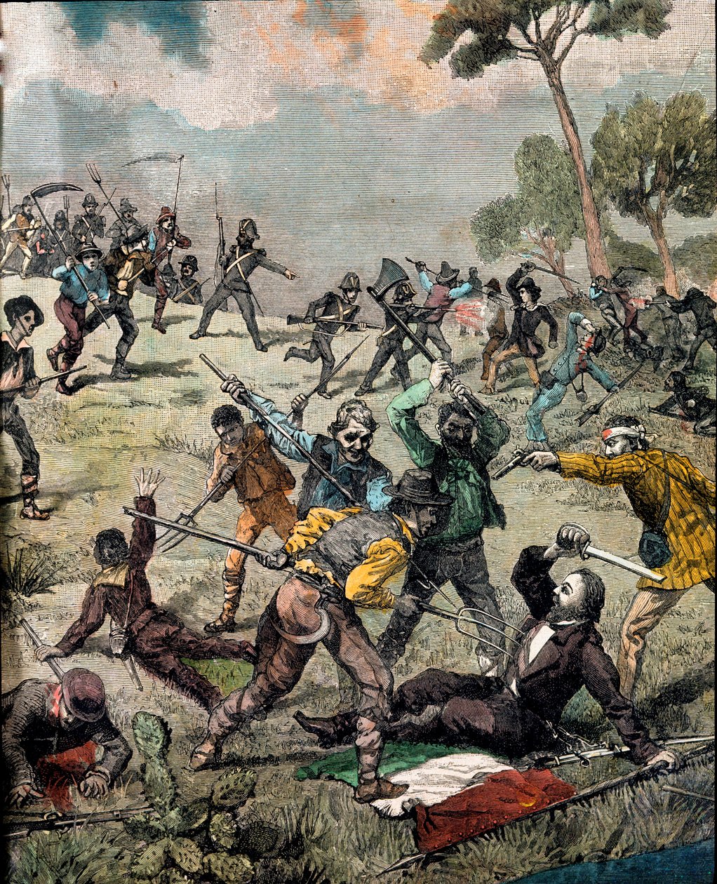 Risorgimento: "" Italský revolucionář Carlo Pisacane (1818-1857) je napaden rolníky v Sapri dne 28. 6. 1857"" Rytina Soukromá sbírka od Unknown artist