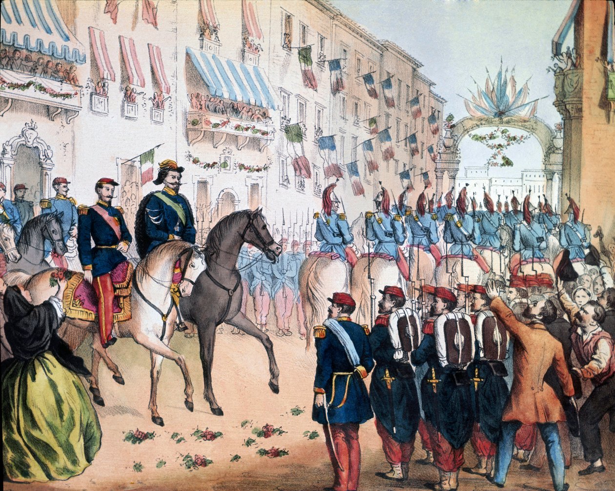 Risorgimento: „“ vchod Viktora Emmanuela (Victor-Emmanuel nebo Vittorio Emanuele) II. krále Itálie a Napoleona III., francouzského císaře, v Miláně dne 08.06.1859. Litografie Národní muzeum Risorgimento Řím od Unknown artist