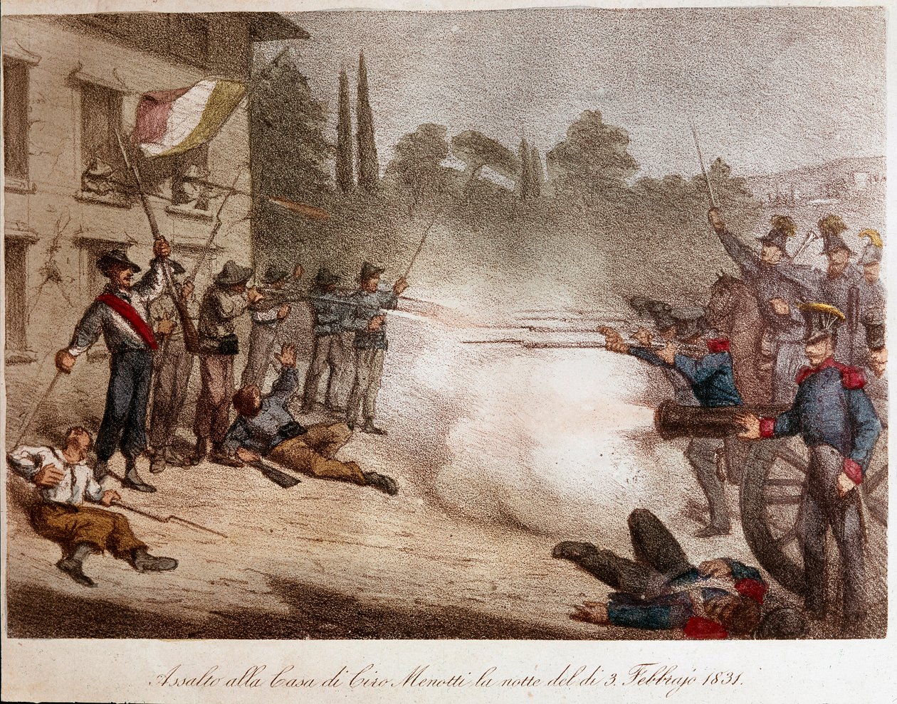 Risorgimento: Vojáci Francoise IV de Modene (Francesco IV di Modena) zaútočili na dům Ciro Menottiho v noci 3. února 1831. Soukromá sbírka litografie od Unknown artist