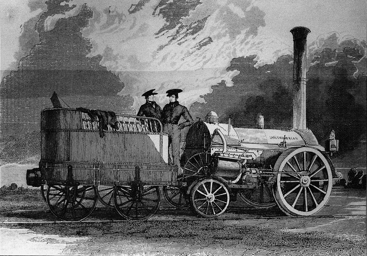 Lokomotiva Roberta Stephensona pro železnici z Liverpoolu do Manchesteru v roce 1831 - rytina od Unknown artist
