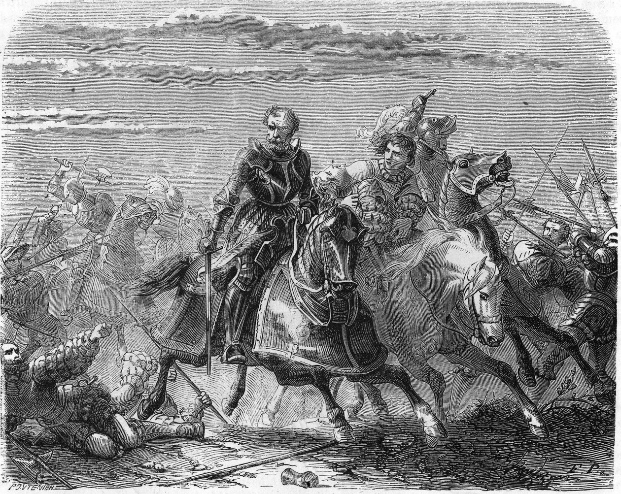 Robert z Marka Landsknechtů, odnáší tělo svého syna Švýcarům. Rytina 19. století. od Unknown artist