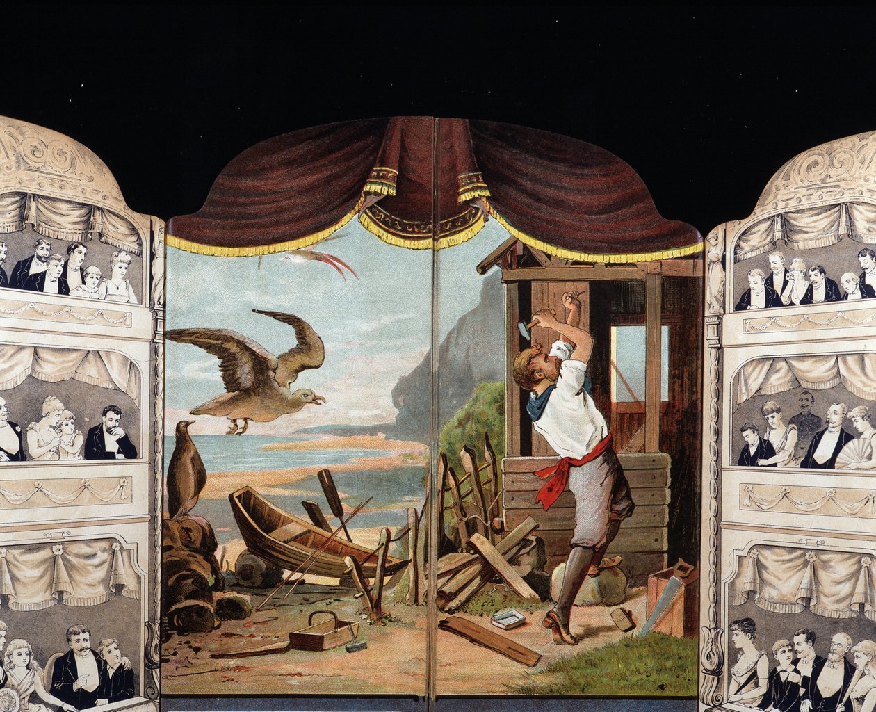 Robinson Crusoe staví svůj srub, kolem roku 1890. Roman od Daniela de Foe nebo Defoe (1660 - 1731) od Unknown artist
