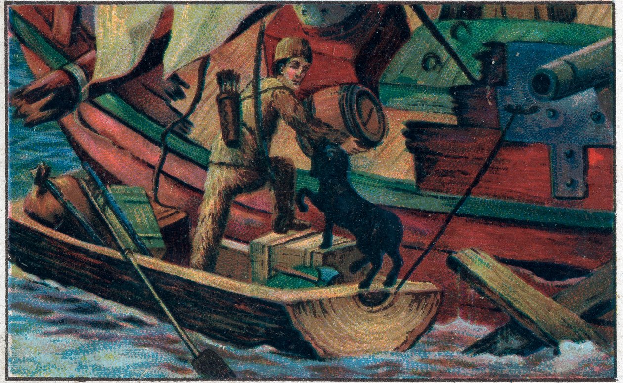 Robinson navštíví trosky. Ilustrace ke knize Daniela Defoe (De foe) “” Robinson Crusoe””. Chromolitografie konce 19. století. od Unknown artist