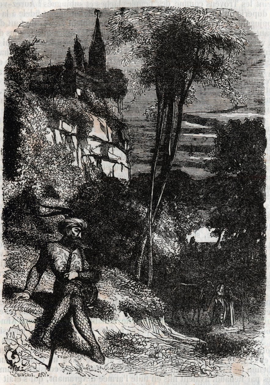 Rodomont, Isabella a starý poustevník – 1851 rytina z „“Zuřivého Rolanda““ (Orlando furioso) (16. století) od Ludovica Ariosta, známého jako Ariosto – vydání přeložené z italštiny hrabětem z Tressanu a vydané Gustavem Harvardem 1851 od Unknown artist