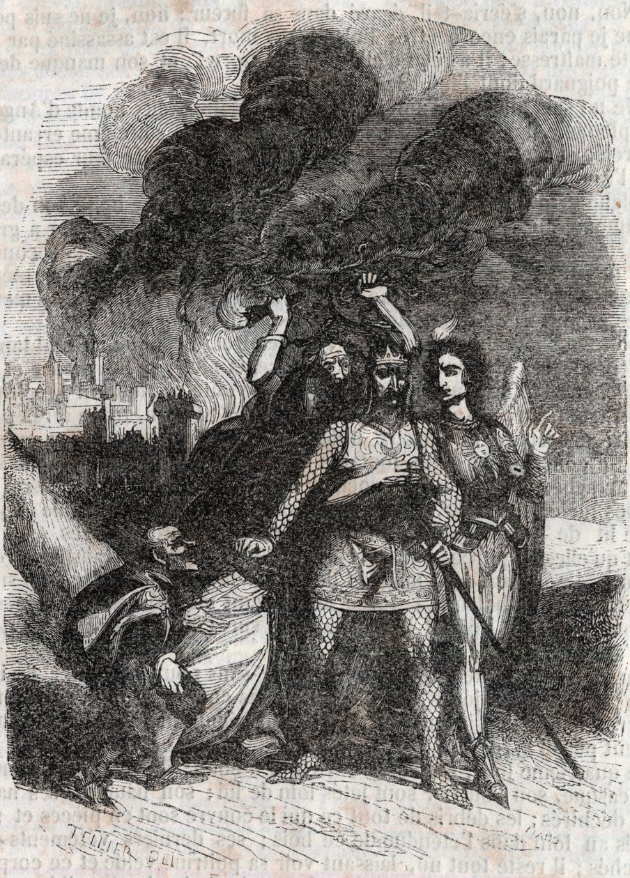 Rodomont opouští Paříž – rytina z roku 1851 z „“Roland furieux““ (Orlando furioso) (16. století) od Ludovica Ariosta, známá jako Ariosta – vydání přeložené z italštiny hrabětem z Tressanu a vydané Gustavem Harvardem 1851 od Unknown artist