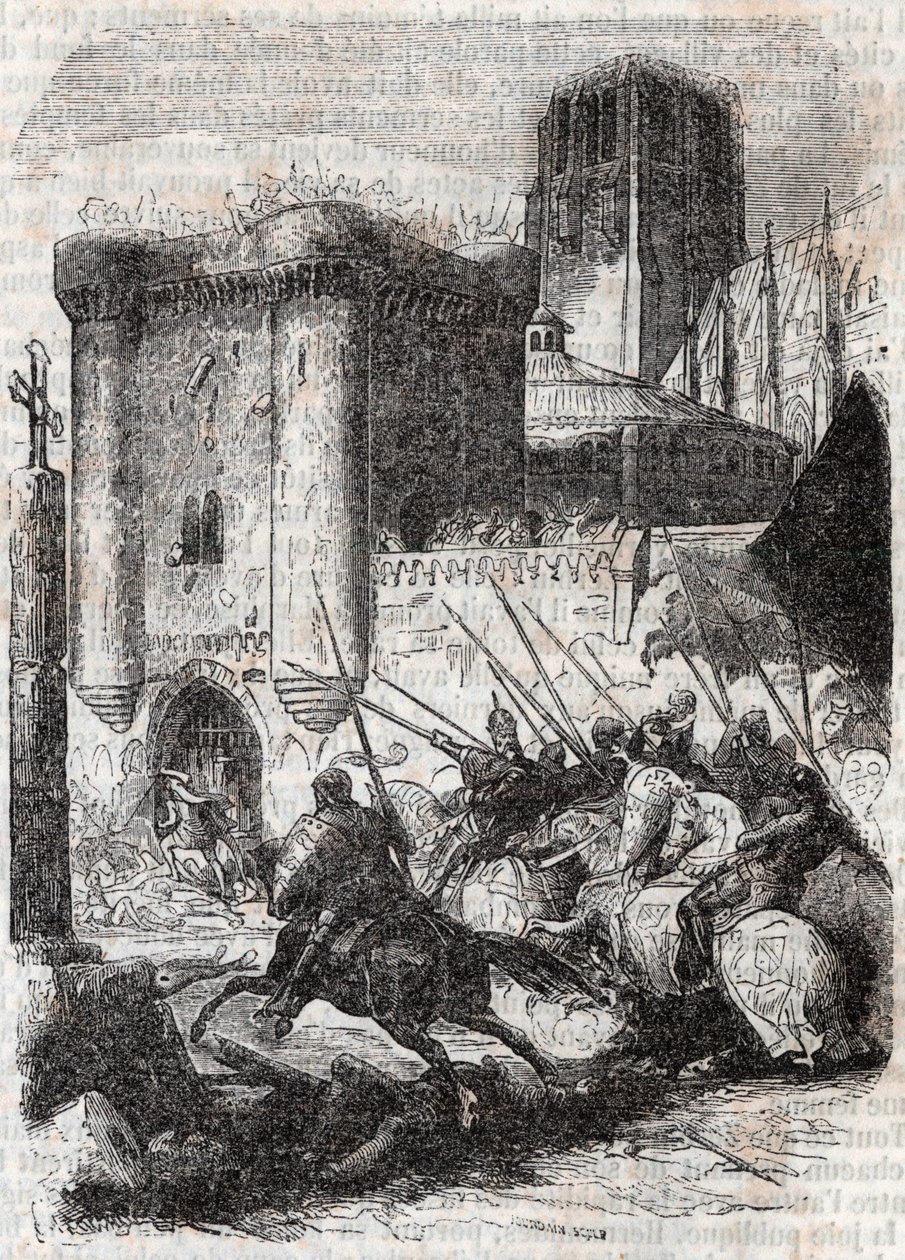Rodomont rozbije dveře pařížského Palais - rytina z roku 1851 z „“Roland furieux““ (Orlando furioso) (16. století) od Ludovica Ariosta, známého jako Ariosto – vydání přeložené z italštiny hrabětem z Tressanu a vydané Gustavem Harv od Unknown artist