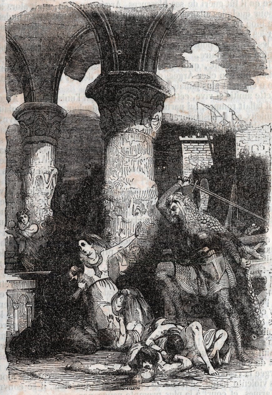Rodomontský masakr les habitatnts de Paris – rytina z roku 1851 z „“Roland furieux““ (Orlando furioso) (16. století) od Ludovica Ariosta, známého jako Ariosto – vydání přeložené z italštiny hrabětem z Tressanu a vydané Gustavem Harvardem 185 od Unknown artist