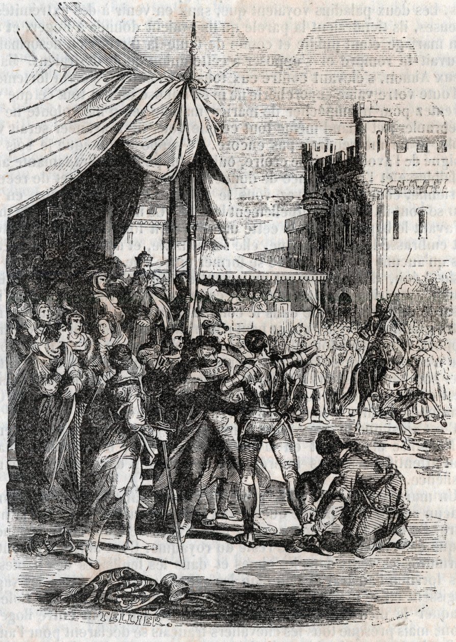 Roger (Ruggero, Ruggiero) vzdoruje v bitvě u Rodomonta (Rodomonte) - rytina z roku 1851 z „“Zuřivého Rolanda““ (Orlando furioso) (16. století) od Ludovica Ariosta, známého jako Ariosta – vydání přeložené z italštiny hrabětem z Tressan a publikovat od Unknown artist