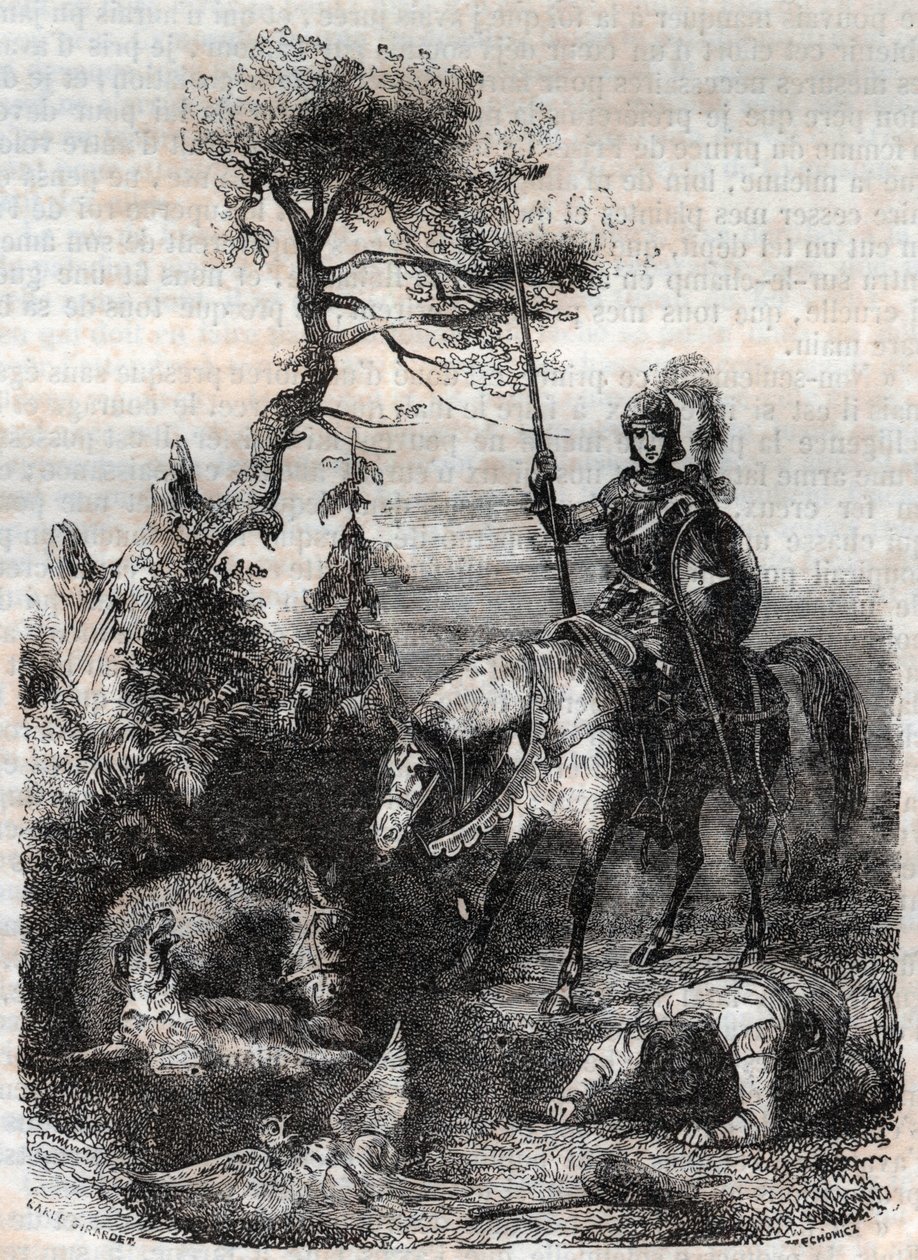 Roger (Ruggero, Ruggiero) využívá okouzlující štít – rytinu z roku 1851 z „“Zuřivého Rolanda““ (Orlando furioso) (16. století) od Ludovica Ariosta, známého jako Ariosta – vydání přeložené z italštiny hrabětem z Tressanu a publikováno od Unknown artist