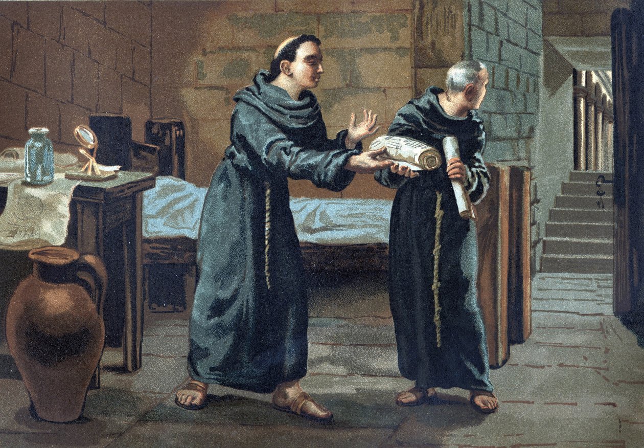 Roger Bacon, františkánský mnich, teolog, filozof a anglický učenec (1214-1294) poslal knihu „Opus majus“ (1267-1268) papeži – v „La Ciencia y sus Hombres“ od Louise Figuiera. Barcelona 1881 od Unknown artist