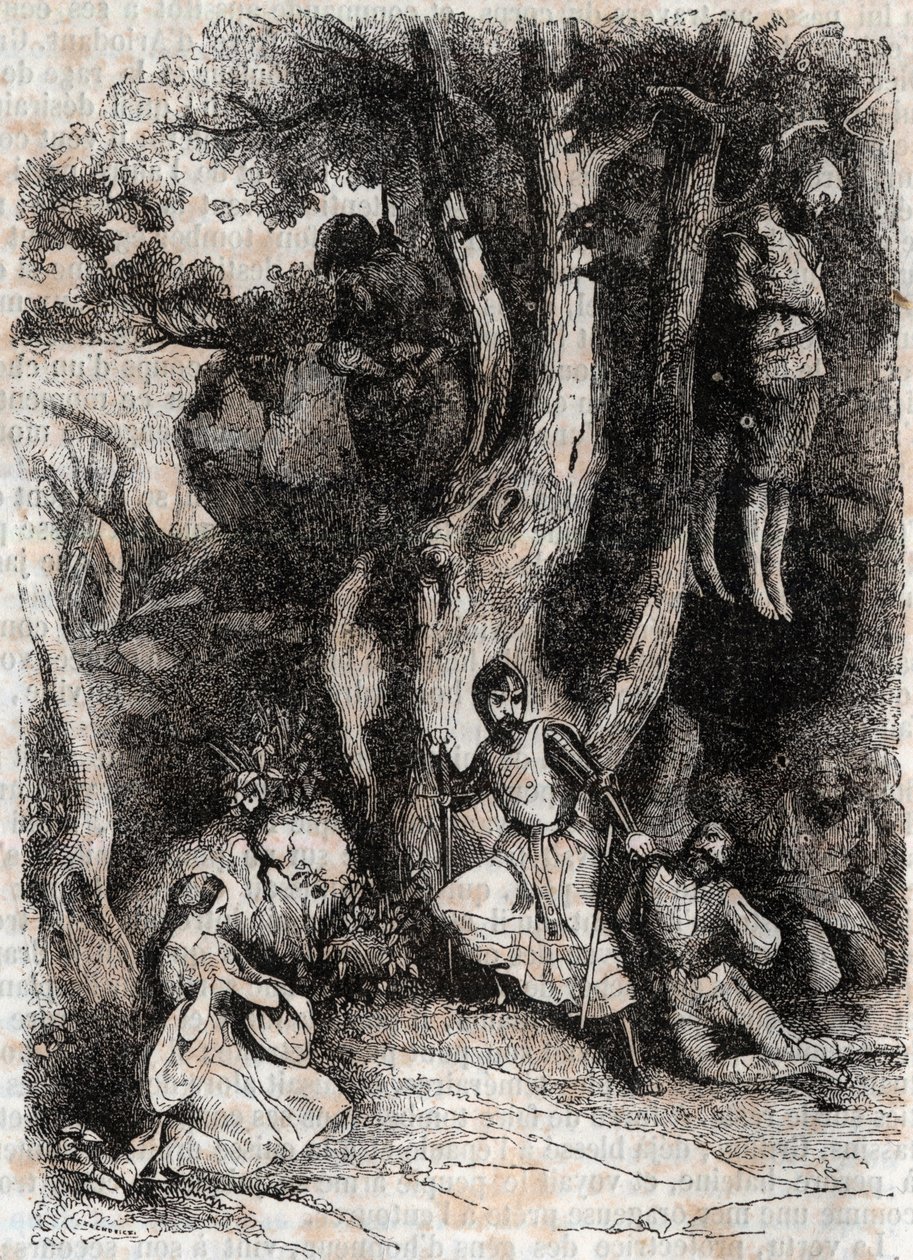 Roland a sedm lupičů z jeskyně – rytina z roku 1851 z „“Zuřivého Rolanda““ (Orlando furioso) (16. století) od Ludovica Ariosta, známého jako Ariosta – vydání přeložené z italštiny hrabětem z Tressanu a vydané Gustavem Harvard od Unknown artist