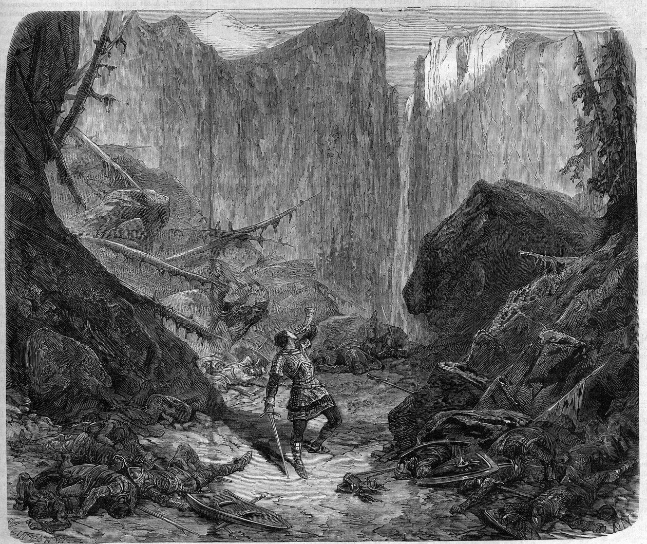 Roland troubí na roh v bitvě u Roncesvaux 15. srpna 778. Kresba Alphonse de Neuville (1836-1885) k opeře „Roland a Roncesvaux“ (IV. dějství, scéna 1) Augusta Mermeta (1810-1889). Paříž, Divadlo Imperial de l