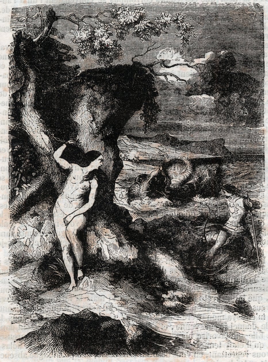 Roland delivre Olympe – rytina z roku 1851 z „“ Roland furieux““ (Orlando furioso) (16. století) od Ludovica Ariosta, známá jako Ariosto – vydání přeložené z italštiny hrabětem z Tressanu a vydané Gustavem Harvardem 1851 od Unknown artist