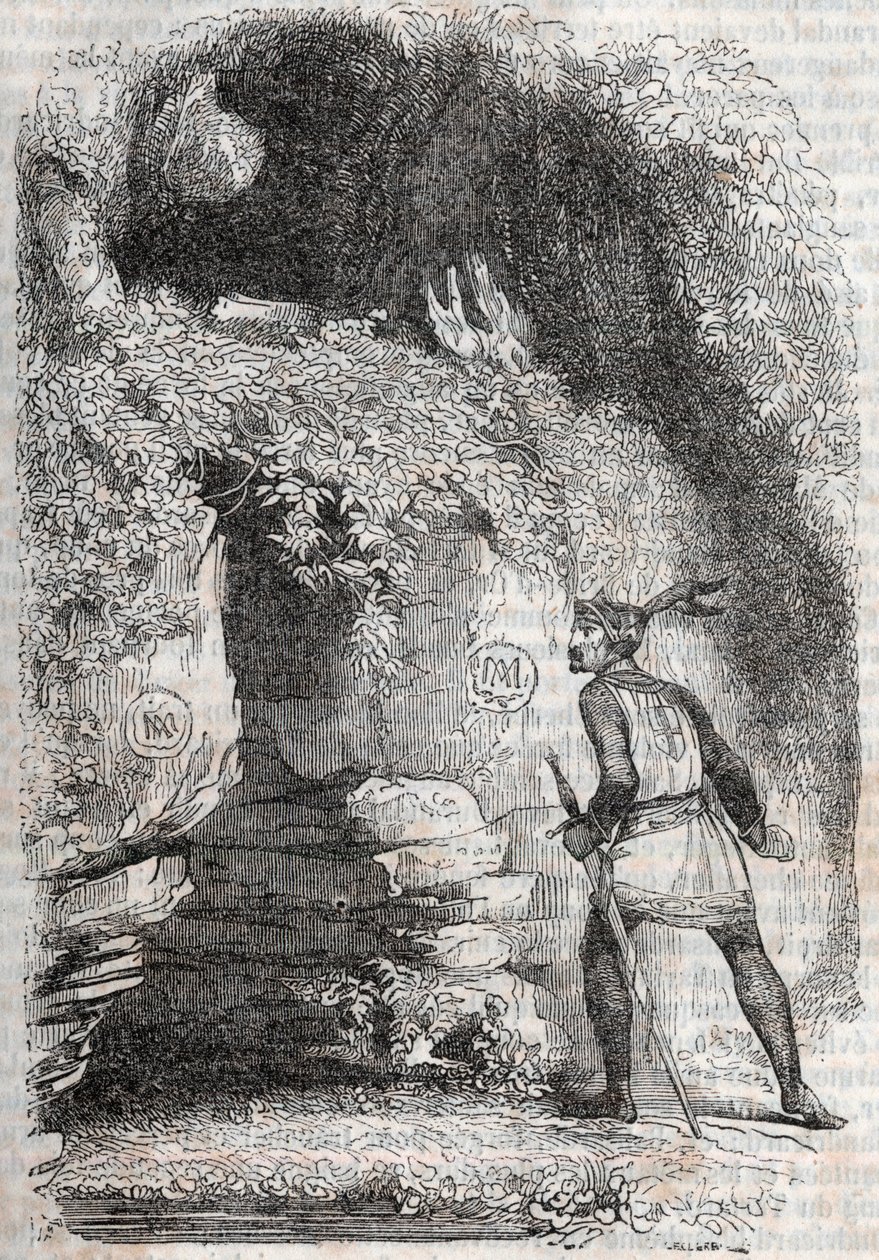 Roland nachází postavy Medora (Medoro) a Angelique (Angelica) – rytina z roku 1851 z „“Zuřivého Rolanda““ (Orlando furioso) (16. století) od Ludovica Ariosta, známého jako Ariosta – vydání přeložené z italštiny hrabětem z Tressan a publis od Unknown artist
