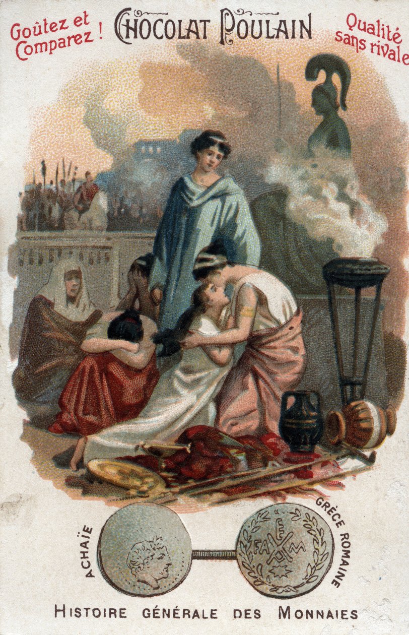 Římská nadvláda v Řecku: vyplenění Korintu Luciem Mummiem v roce 146 př. n. l. v oblasti Achaie (Akhaia). v Obecné historii mincí. Čokoládovo-hříběcí chromolitografie konce 19. století. Soukromá sbírka. od Unknown artist