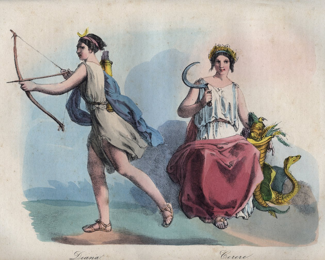 Římská mytologie - Diana (Diane) bohyně lovu a Ceres bohyně zemědělství - rytina z „Zvyky a zvyky všech národů vesmíru. To jsou dějiny vlády, zákonů, milicí, náboženství všech národů od většiny od Unknown artist