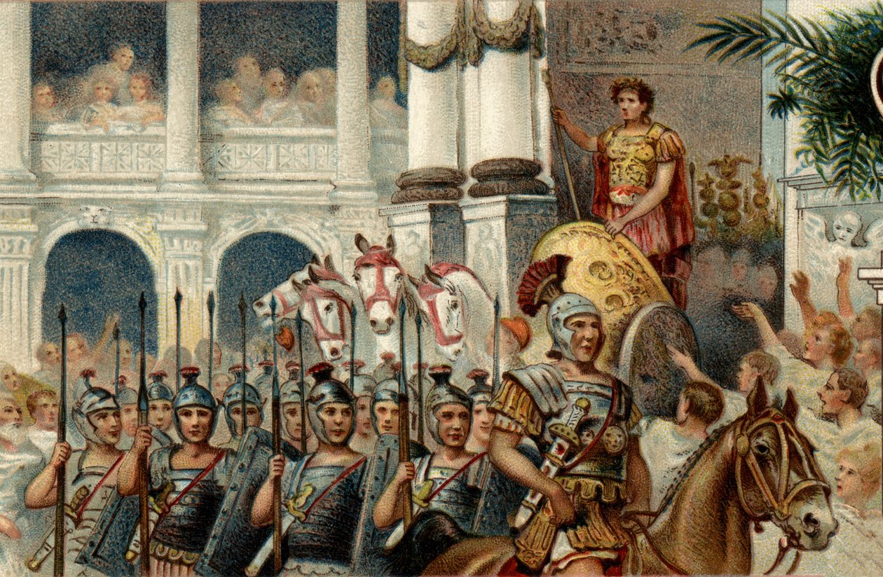 Římský politický systém. The Emperor: Defile na počest vítězství římského císaře Augusta (Octaviana nebo Octaviana) získaných v Actiu, Panonii a Egyptě. Chromolitografie konce 19. století. od Unknown artist