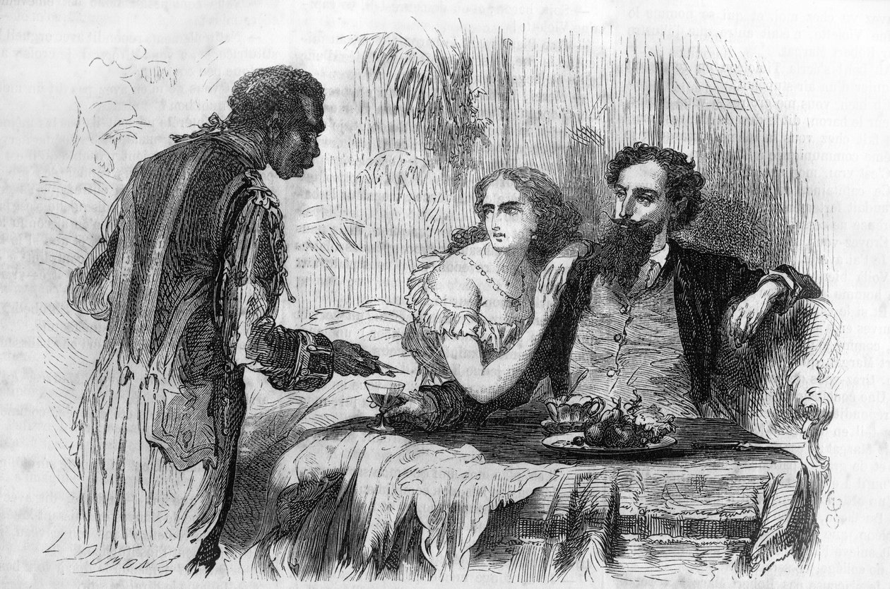 Římský seriál: „Puritans of Paris“ od Paula Bocage (1824-1887). "Ten černoch přinesl Robertovi vizitku." Rytina do „“Les bons romances““ od Unknown artist