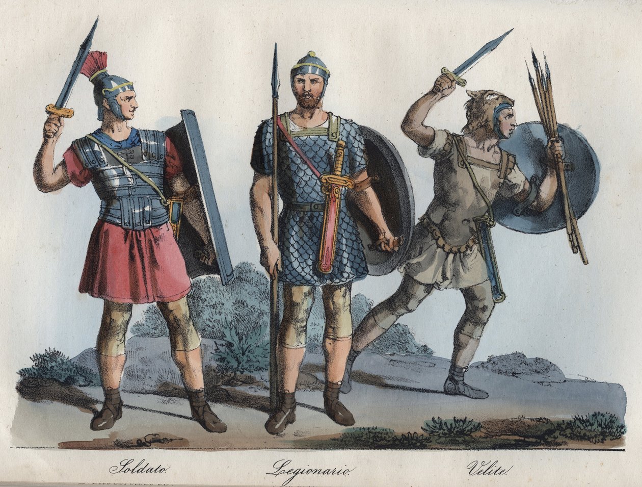 Římský voják - Legionář - Velites (lehká pěchota) - rytina z „“ Zvyků a tradic všech národů vesmíru. To je historie vlády, zákonů, milicí, náboženství všech národů od nejvzdálenějších dob až po současnost. od Unknown artist
