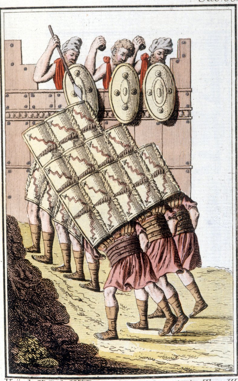 Římští vojáci (římská legie) manévrující a bránící se svými štíty. Rytina z počátku 19. století od Unknown artist