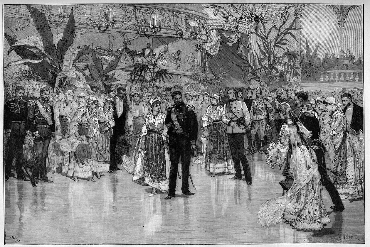 Rumunsko: Ples na počest prince Rodolpha (1858-1889) a princezny Stephanie Rakouska-Uherska (1864-1945) v Národním divadle v Bukurešti. Gravírování v „“Le Monde Illustré““ od Unknown artist