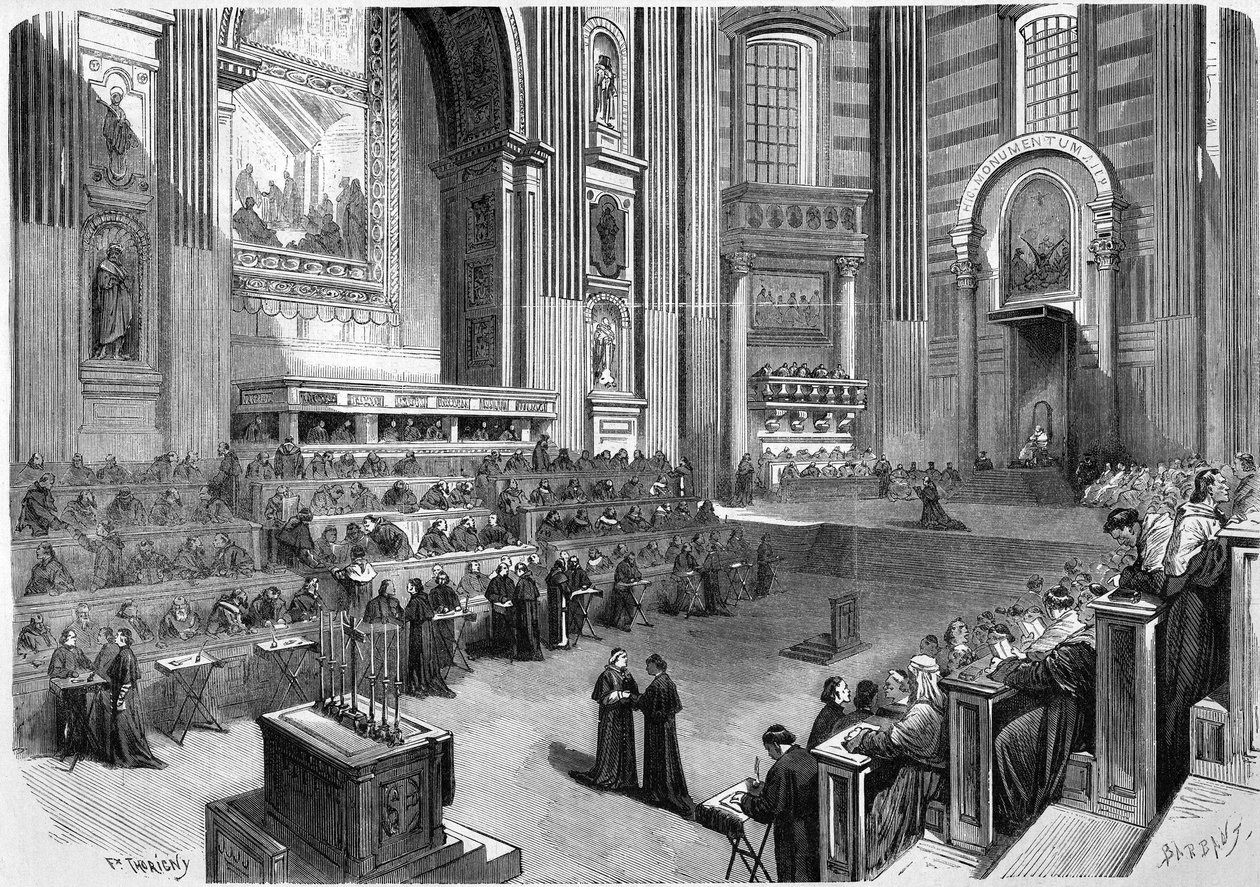 Řím 1869, první zasedání ekumenického koncilu z roku 1869 konané 9. prosince v pravé části transeptu kostela sv. Petra. od Unknown artist