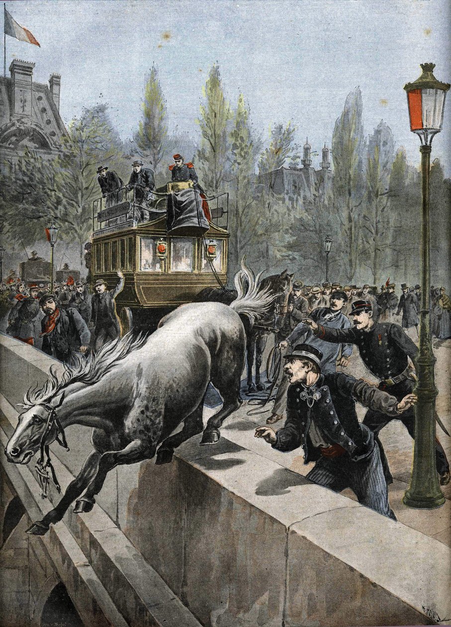 Královský most v Paříži v roce 1898: kůň spáchal sebevraždu (tisk) od Unknown Artist