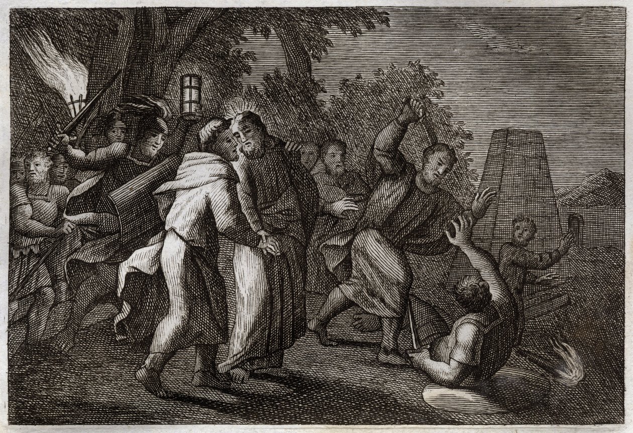 Royaumontská Bible, Nový zákon: Zatčení Ježíše Krista nebo Jidášův polibek. Vojáci přicházejí zatknout Krista do Olivetské zahrady. Svatý Petr jednomu z nich uřízne ucho. Ilustrace z roku 1811. od Unknown artist