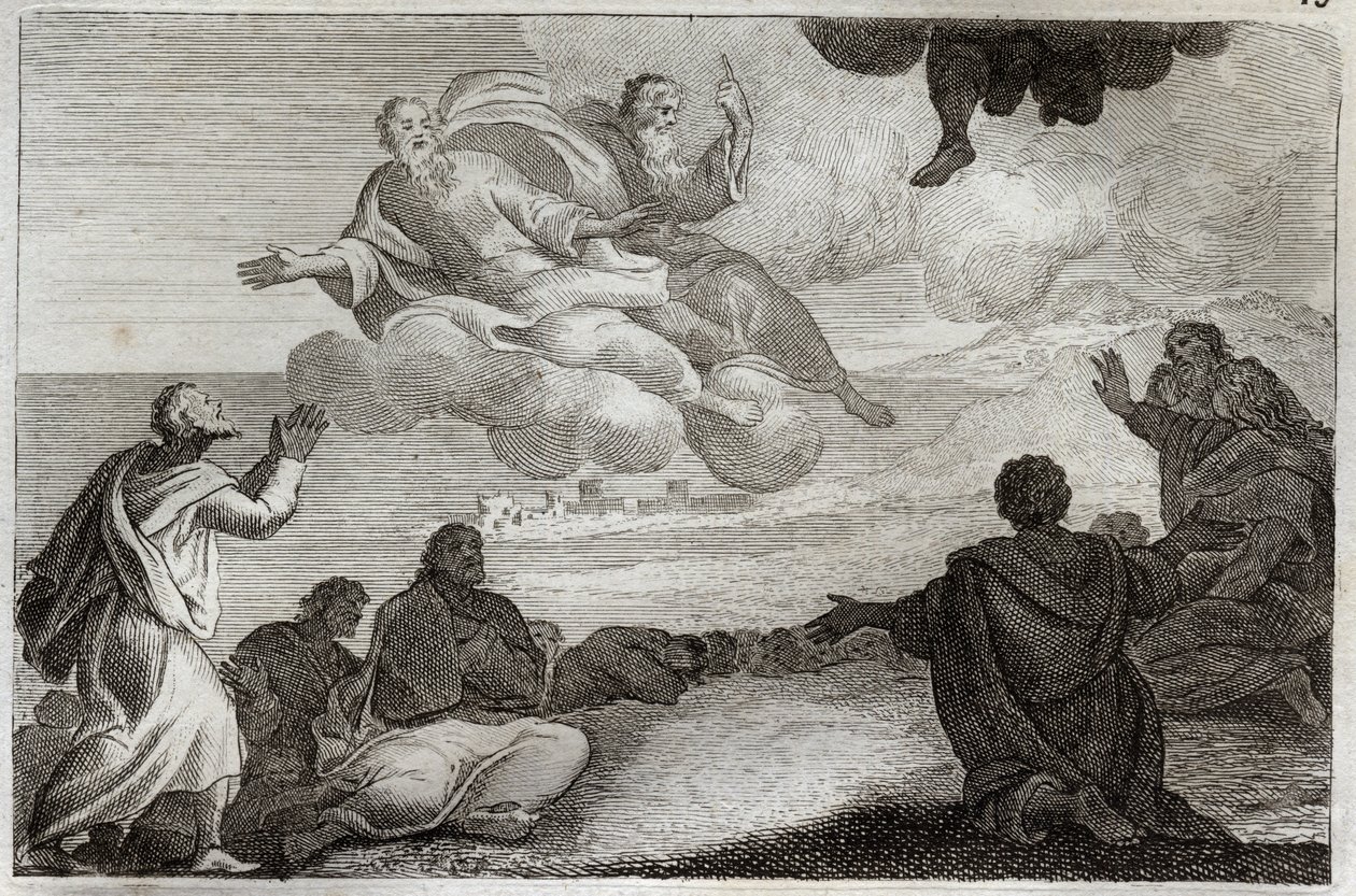 Royaumontská Bible, Nový zákon: Nanebevstoupení Ježíše Krista. Kristus je vzat z nebe a požehnání Apotery, než zmizí v oblaku. Ilustrace z roku 1811. od Unknown artist