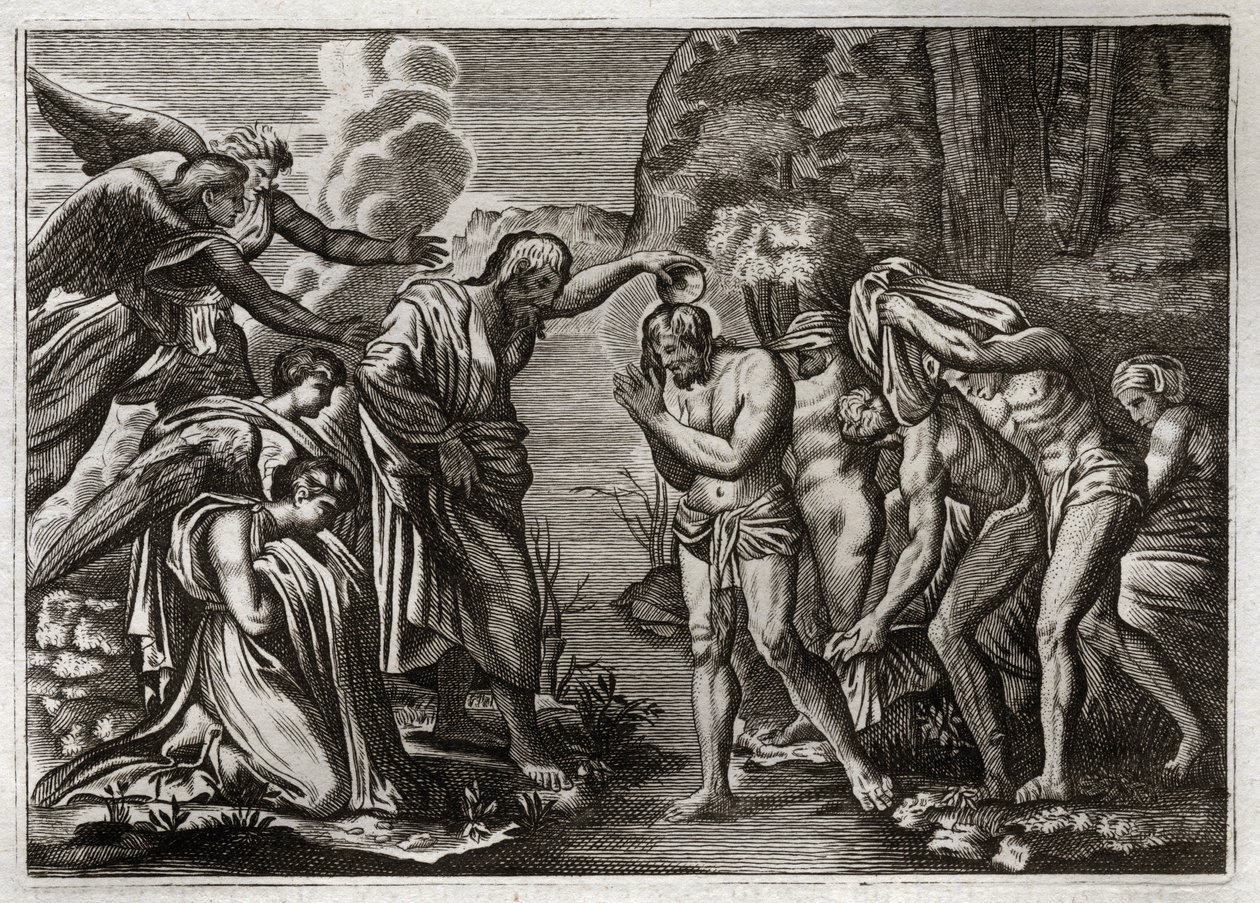 Royaumontská Bible, Nový zákon: Bapteme of Jesus Christ. Svatý Jan Křtitel křtí Ježíše Krista ve vodách řeky Jordán. Ilustrace z roku 1811. od Unknown artist