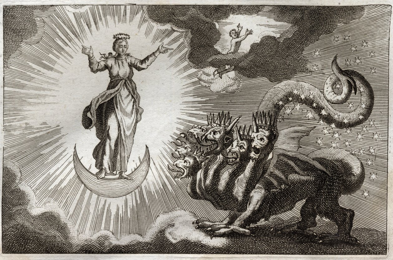 Royaumontská Bible, Nový zákon: Bete of Revelation. Svatý Jan vidí obludnou šelmu se sedmi hlavami a deseti rohy a těhotnou ženu obklopenou světlem, pod jejíma nohama je měsíc a na hlavě koruna z dvanácti hvězd. Ilustrace z roku 1811. od Unknown artist
