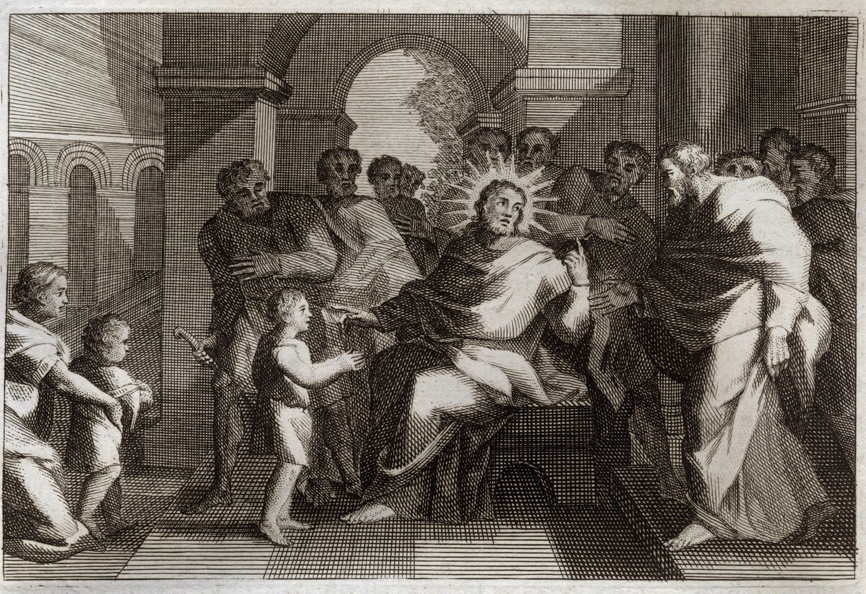 Royaumontská Bible, Nový zákon: Dětský model pokory. Ježíš Kristus nabízí svým učedníkům dítě jako vzor pokorného křesťana. Ilustrace z roku 1811. od Unknown artist