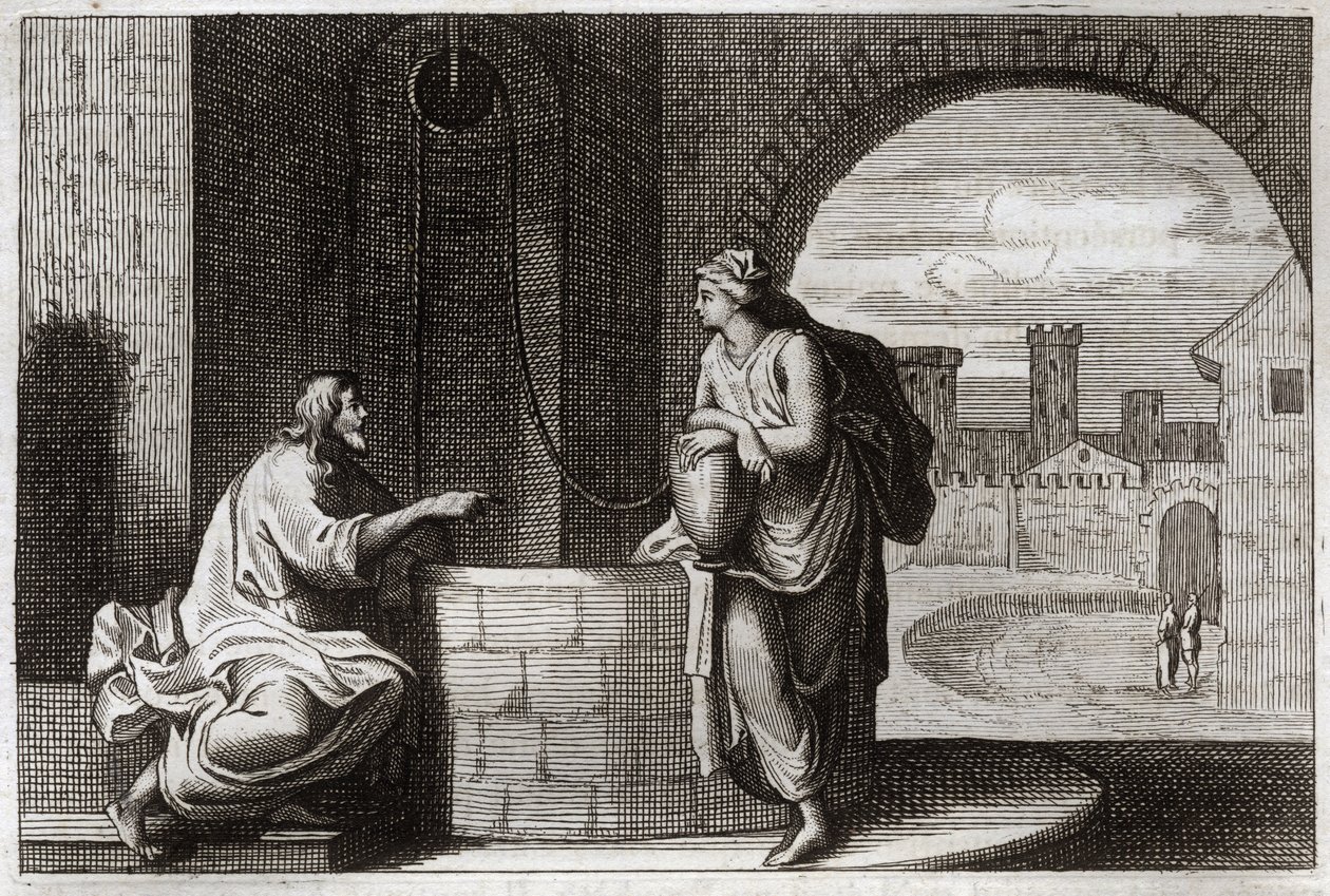 Royaumontská Bible, Nový zákon: Kristus a Samaritán u studny. Ježíš Kristus obrací Samaritánku. Ilustrace z roku 1811. od Unknown artist