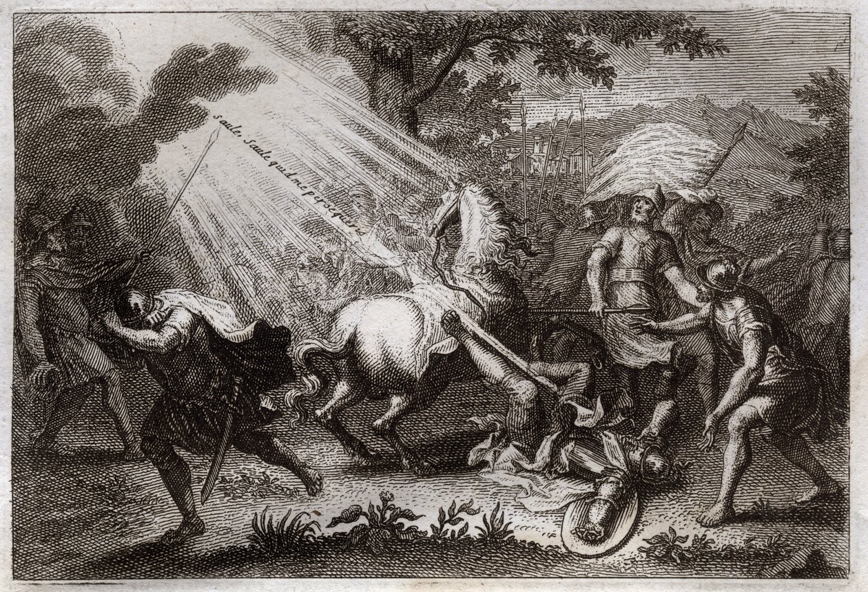 Royaumontská Bible, Nový zákon: Obrácení svatého Pavla na cestě do Damašku. Slyší hlas Ježíše Krista, který mu říká: „Vrbo, vrbo, kdo mě pronásleduješ“ (Saule, Saule, proč mě pronásleduješ?) a padá kůň. Ilustrace z roku 1811. od Unknown artist
