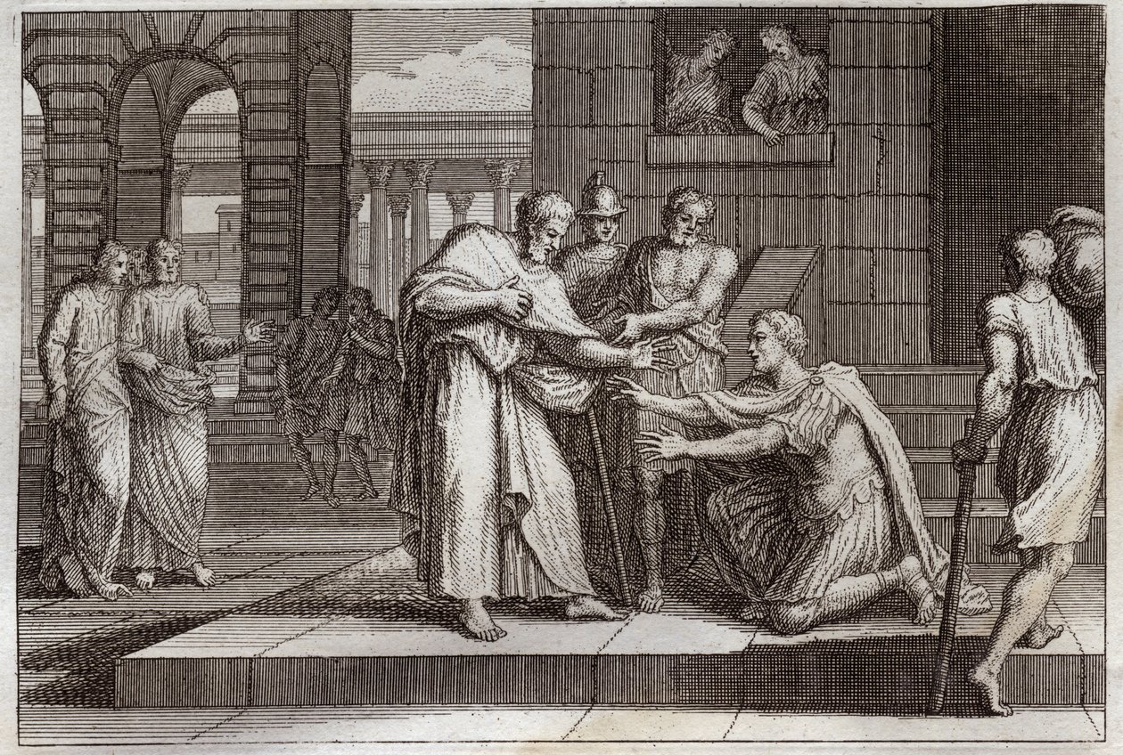 Royaumontská Bible, Nový zákon: Cornelius křtí. Vrána setník přijímá víru Ježíše Krista a je pokřtěn svatým Petrem. Ilustrace z roku 1811. od Unknown artist
