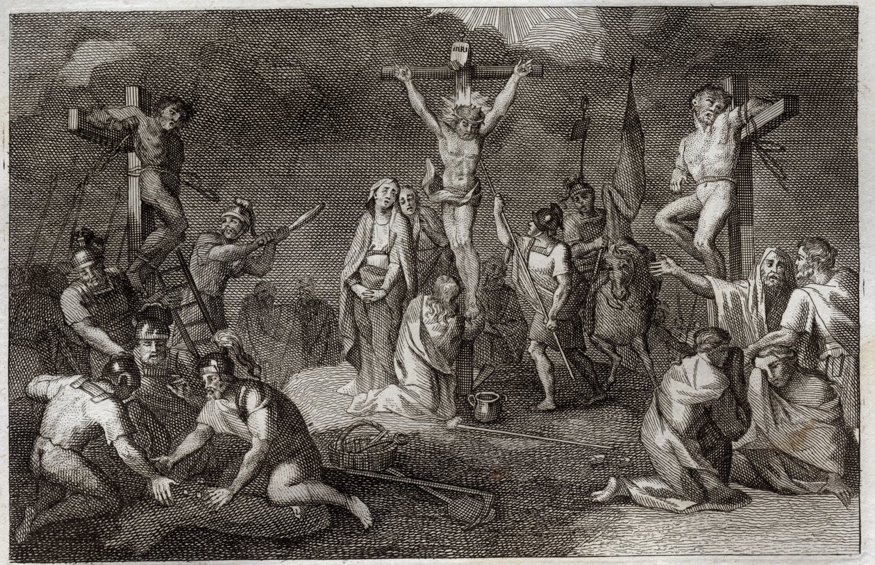 Royaumontská Bible, Nový zákon: Ukřižování Ježíše Krista. Panna Maria, svatá Máří Magdalena a svatý Jan u paty kříže, svatý Longin setník (svatý Longinus) s kopím, vojáci hrající na Kristovu tuniku. Po stranách, repr od Unknown artist