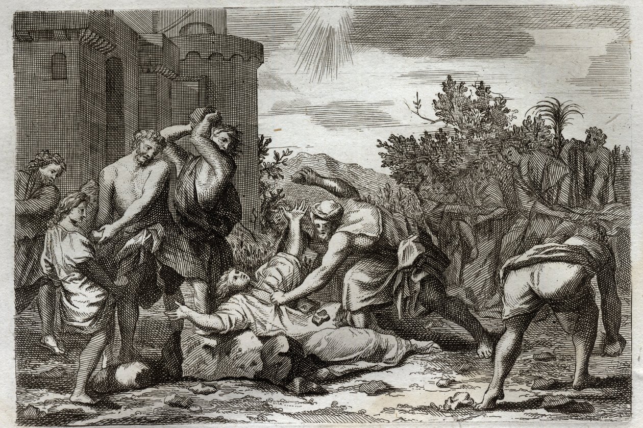 Royaumontská Bible, Nový zákon: Smrt svatého Štěpána, prvního křesťanského mučedníka, ukamenováním. Ilustrace z roku 1811. od Unknown artist