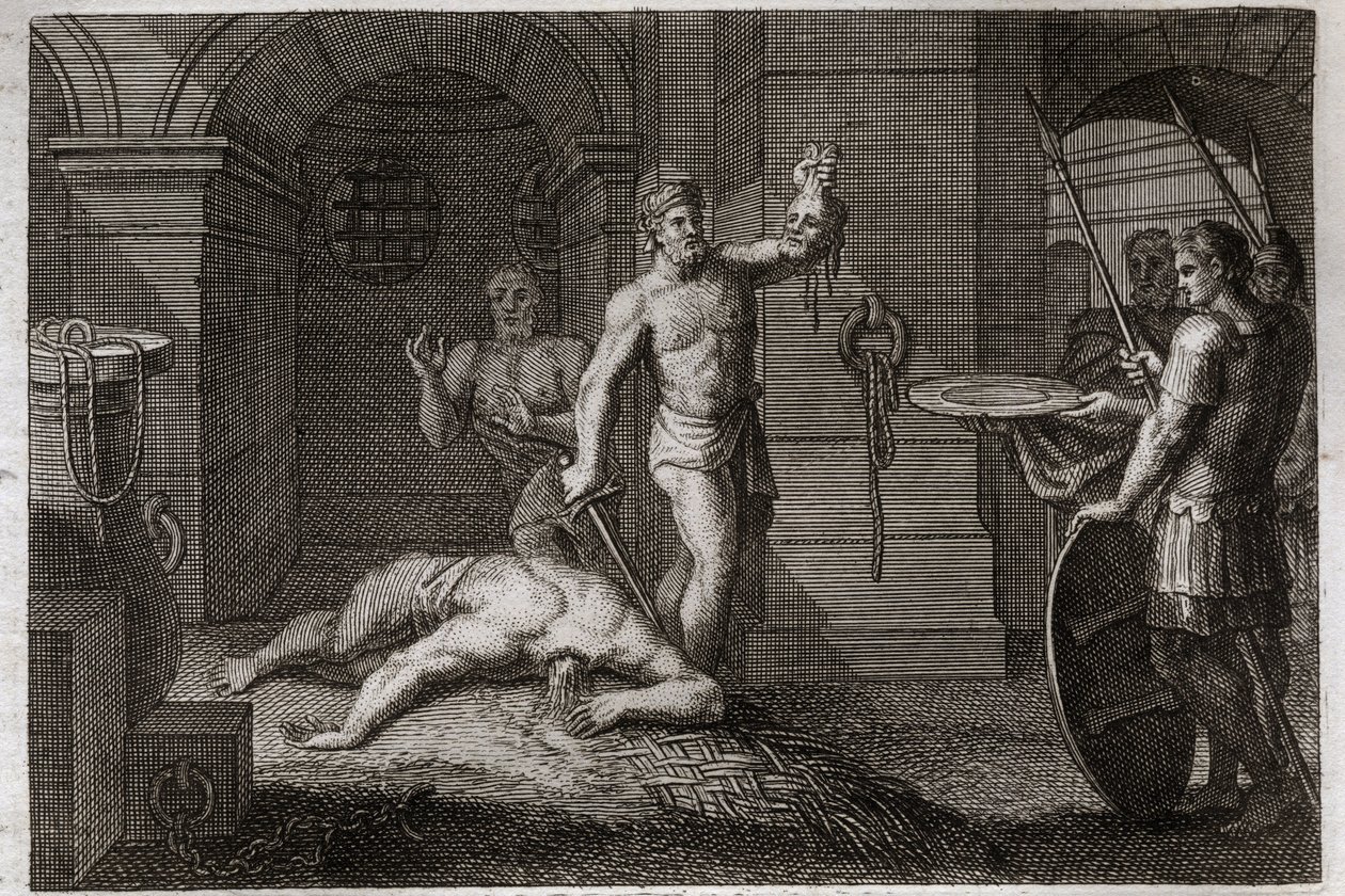Royaumontská Bible, Nový zákon: Dekolace svatého Jana Křtitele. Jeden položí hlavu na plošinu. Ilustrace z roku 1811. od Unknown artist