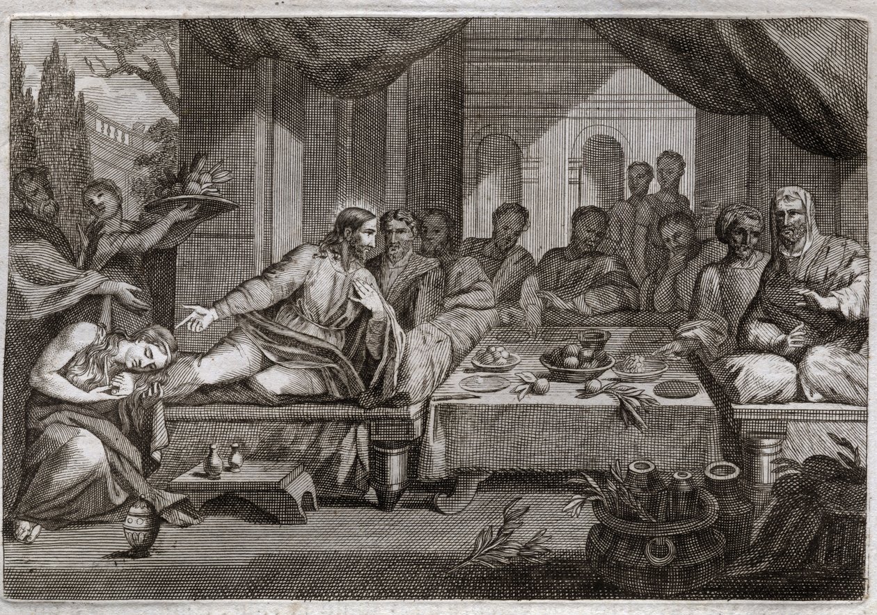 Royaumontská Bible, Nový zákon: Večeře u Šimona Farizea. Marie Magdalena šla plakat u nohou Ježíše Krista k farizeovi Šimonovi a dosáhla odpuštění svých hříchů. Pomaže Kristovy nohy mastí a otírá je svými vlasy. Il od Unknown artist