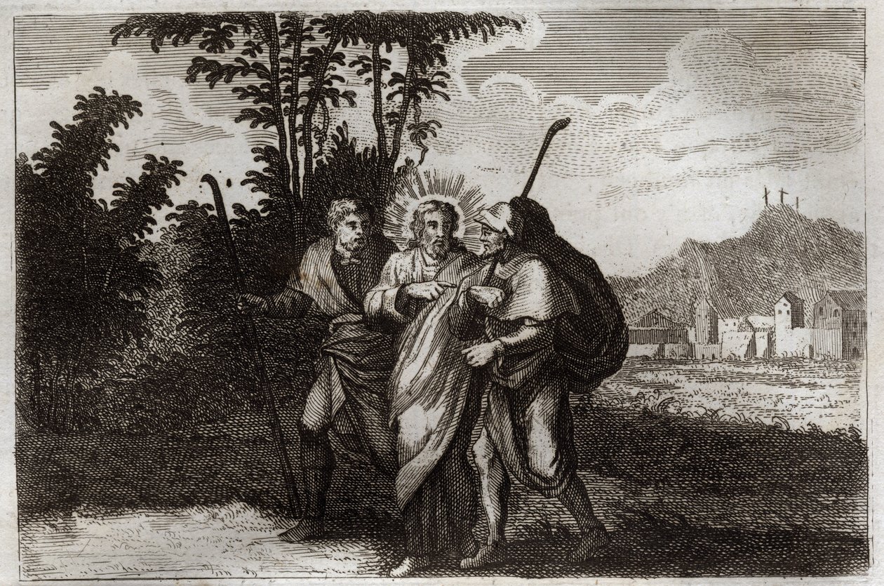 Royaumontská Bible, Nový zákon: Učedníci z Emauz. Dva emauzští učedníci) se setkávají se vzkříšeným Kristem. Ilustrace z roku 1811. od Unknown artist