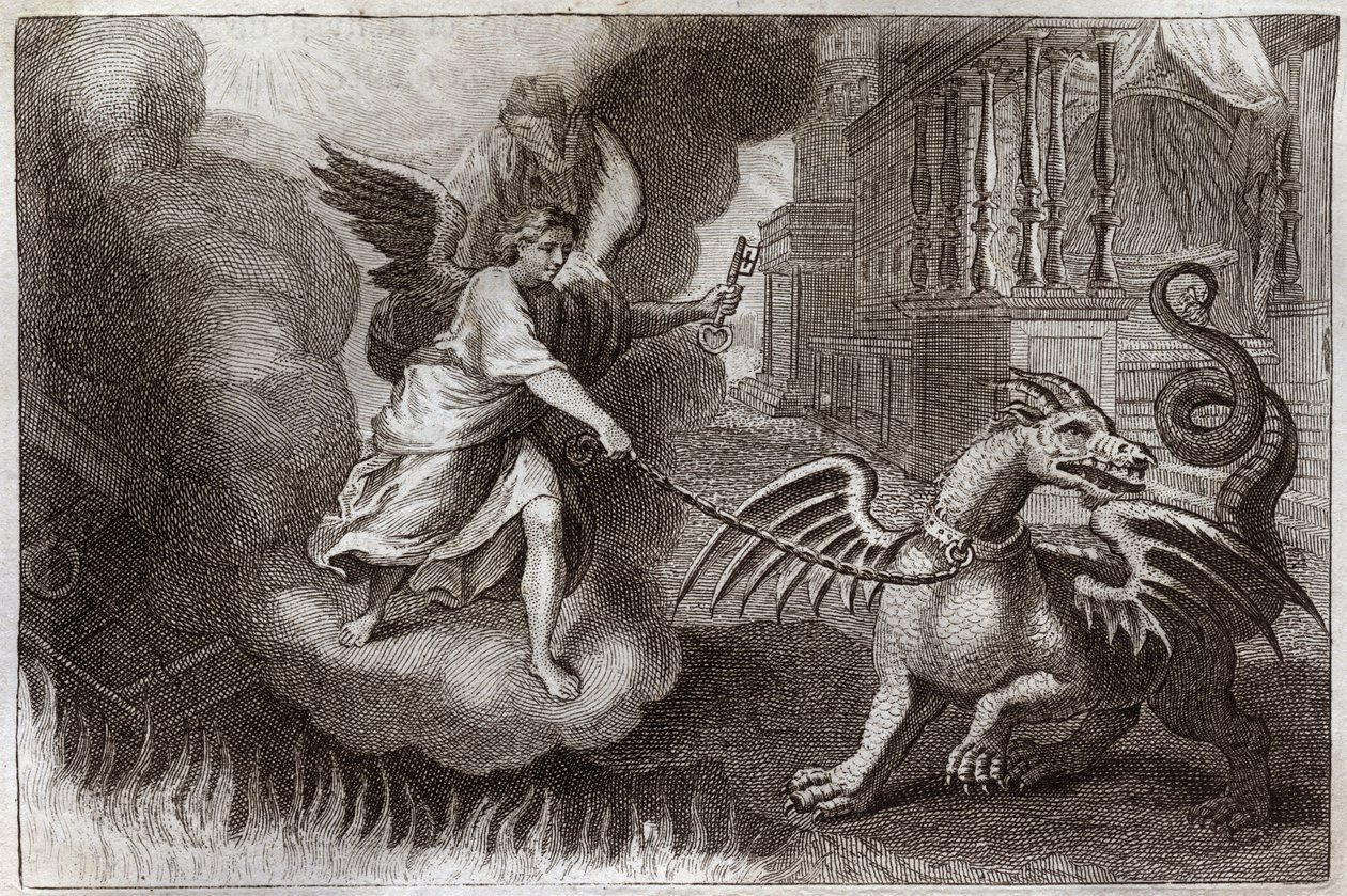 Royaumontská Bible, Nový zákon: Dračí řetězy. Dragon of Revelation, symbol ďábla, je spoutaný andělem, který drží klíč od abime. Ilustrace z roku 1811. od Unknown artist