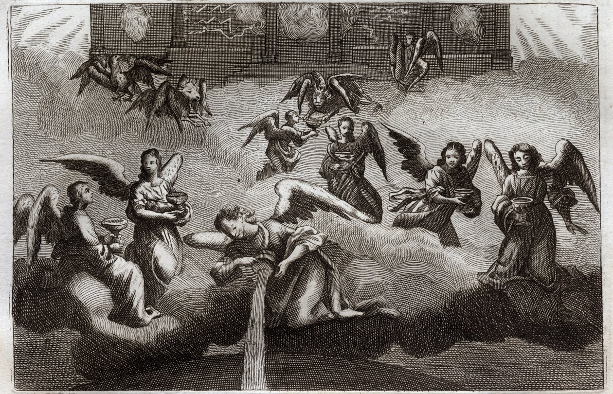 Royaumontská Bible, Nový zákon: Drak zjevení. Sedm andělů vylévá obsah svého poháru, symbolu Božího hněvu, na zem. Ilustrace z roku 1811. od Unknown artist